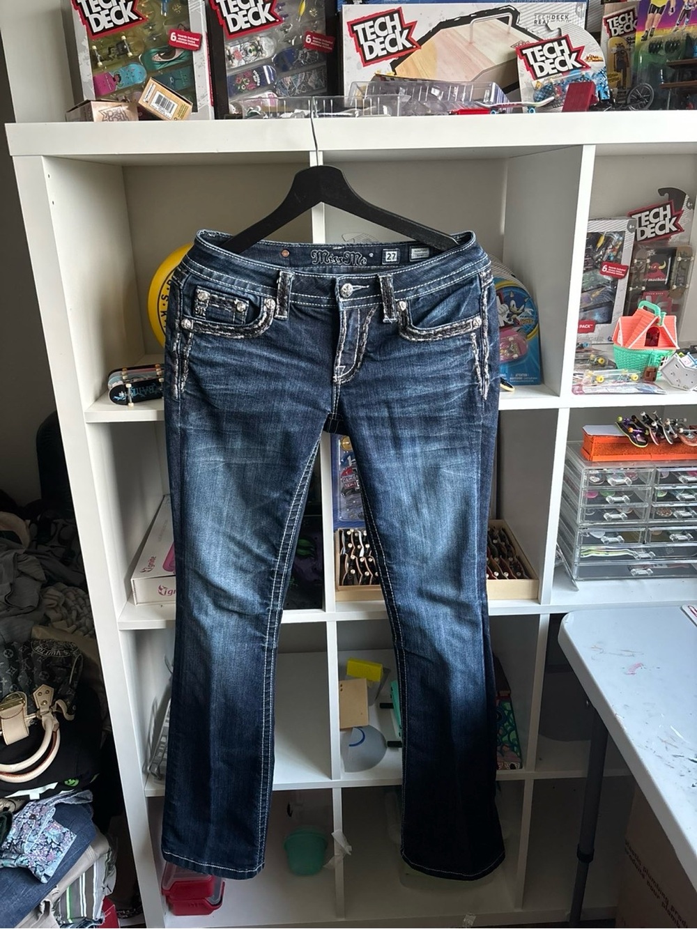 Miss Me Dark Blue Boot Cut Jeans with Embellished Pockets